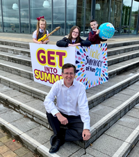 Pictured from left are siblings Calla, Charys and John McLeod, from Greenock, with Councillor Jim Clocherty, depute leader of Inverclyde Council and convener of education and communities, launching the Inverclyde Summer of Fun 21 programme at the Beacon Arts Centre which is one of the participating organisations.